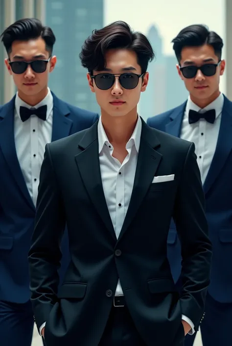 Curly haired 25-year-old Korean boy wearing glasses wearing black suit is standing next to 2 tall bodyguards wearing blue tuxedos wearing sunglasses
