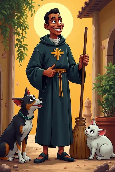 San Martín de Porres Mulato Animato, With a dog, Pericote and cat, broom in hand