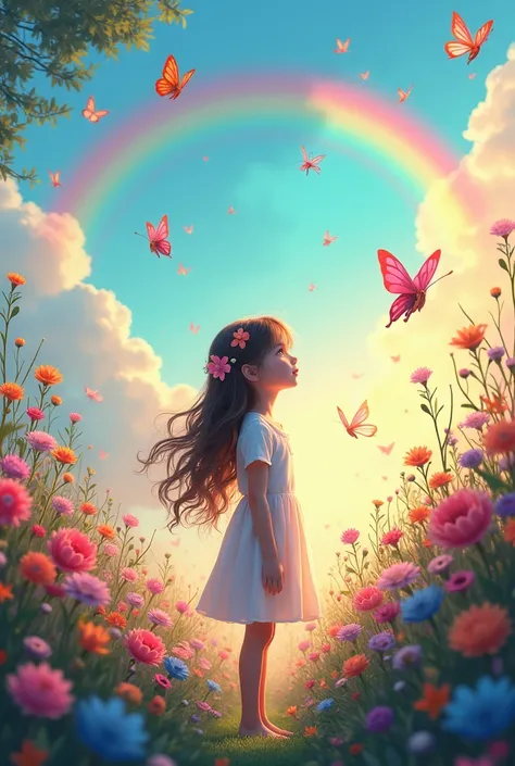 create a image where a girl stand on a flower garden and there are many butterfly around the garden the sky is looking very ccolourful and rainbow is there



