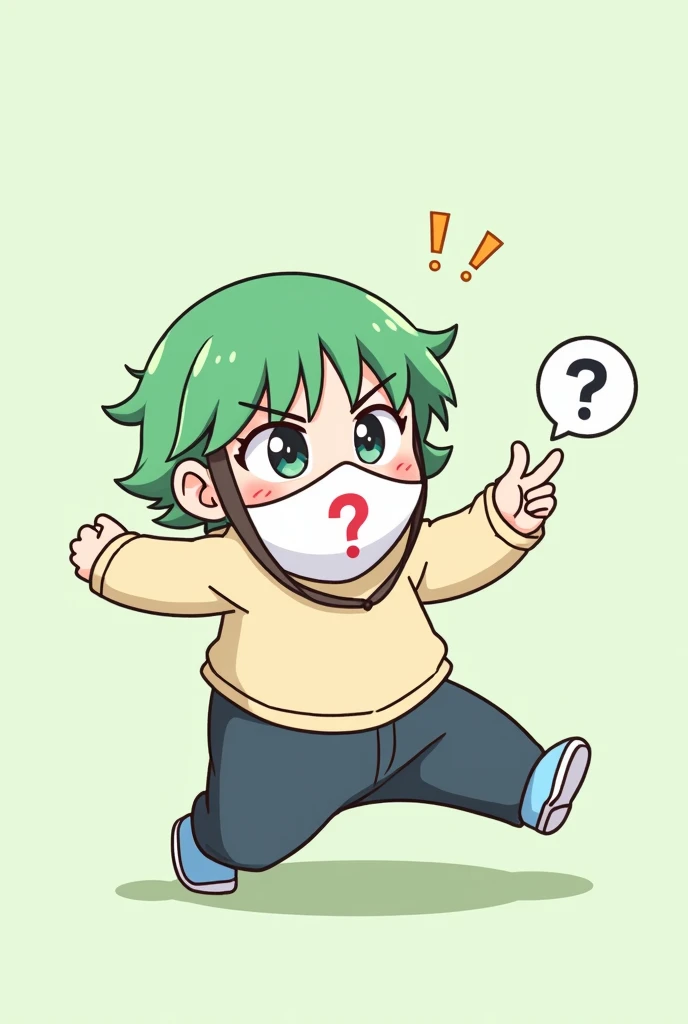 Cartoon of a guy with a question mark mask on his face with short green hair anime style 
With a raised hand making a sign of I liked it 