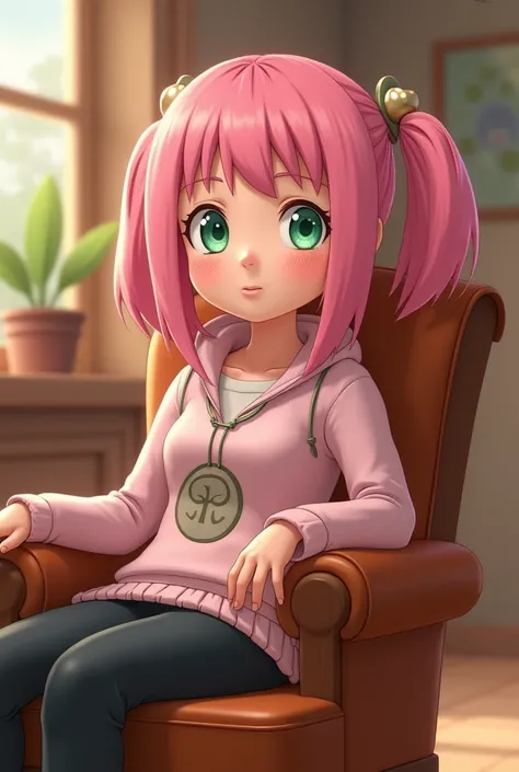 Sakura haruno sitting on a chair in pixar style 