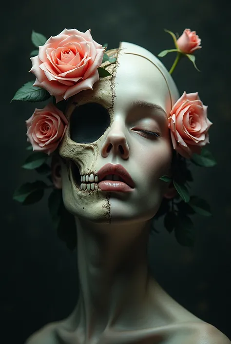 Face with half a skull with roses wrapped 