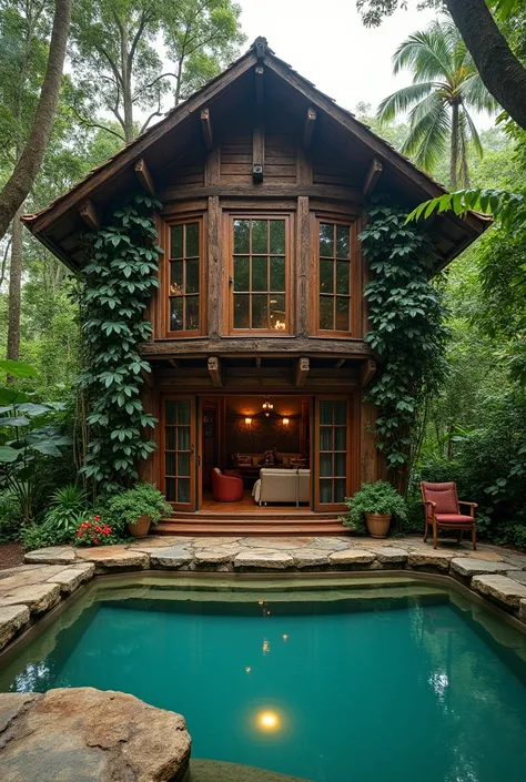 "A charming, rustic cabin made of reclaimed wood and stone, set deep within the jungle. The bay windows are framed with ivy and cascading plants, offering a picturesque view of the jungle’s towering trees. Outside, an infinity pool with natural stone edges...