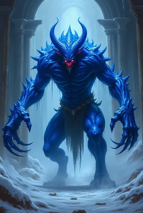 Create Magic the Gathering style: a stylish blue demon with immense deadly claws with dense sapphir-like skin with pointed ears with red eyes in a demonic temple in the ice