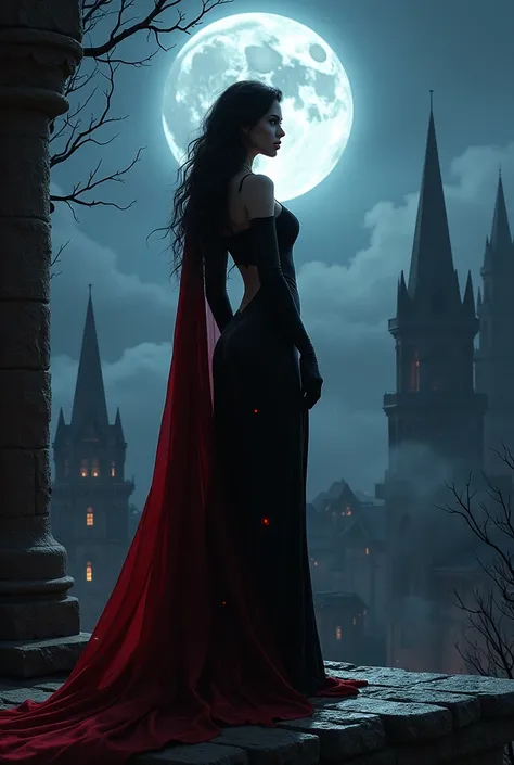 Sexy dark sorceress mistress of the dark on her balcony in a dark night