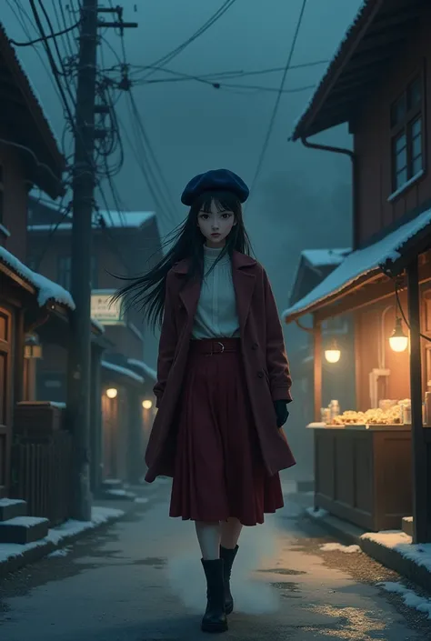 Girl long hair wearing black boots, maroon full skirt, white highneck, maroon coat, with dark blue beret, walking down the night street of darjeeling with street lamp, roaming around the village lonely and having fresh steam momos on the stall on cold nigh...