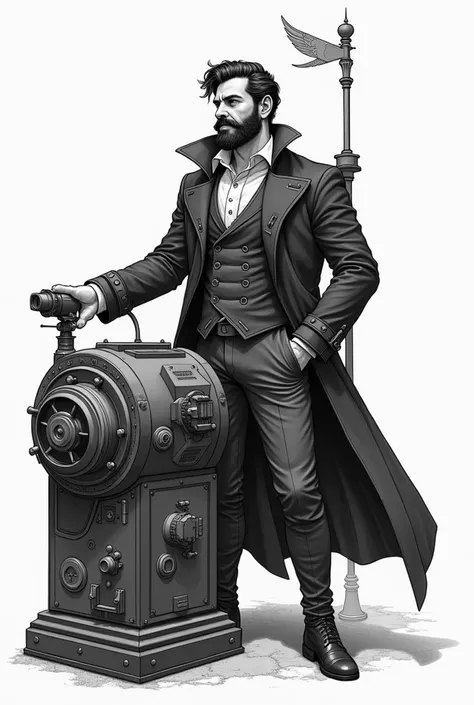 Logo en noir et blanc ou il aurait une personnage grand fin avec une barbe très courte steampunk avec un machine a commande numérique 