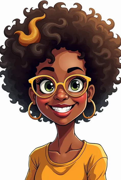  cartoon of a 40-year-old woman, light brown skin, Afro hair with blond lights on the tip , dark green eyes, With round gold glasses ,  the glasses must be on the tip of the nose.