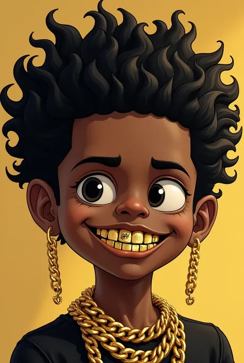 Criar um rapaz do estilo rapper com cabelos preto e dourado grande com grillz de ouro nos dentes , corrente grossa no pescoço em ouro e com pingente grande escrito Río grillz Create a rapper style boy with big black and gold hair with gold grillz on his te...