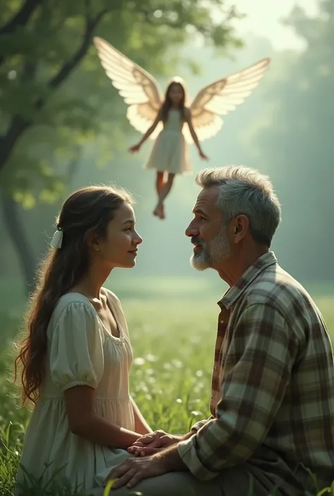 realistic photo where in the distance you can see a girl with angel wings playing with an older man with a short beard, mustache, gray hair with , with a plaid shirt,