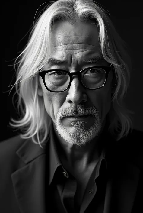   a masterpiece of studio lighting  :  Kinjo Takeshis face in natural light ,  he plays the role of Keanu Reeves ,  long silvery white hair , Beard and black-rimmed glasses ,  through cinematic makeup special effects ,  photographer Moriyama Daido .  Of th...