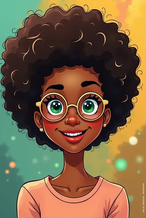  cartoon of a 40-year-old woman, light brown skin, Afro black hair with blonde locks, dark green eyes, With round gold glasses ,  the glasses must be on the tip of the nose.