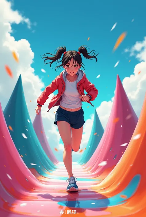 Draw a picture of a girl wearing sportswear, t-shirt and warmer, crossing an anime-style Zig Zag cone circuit, I want the quality of the drawing to be anime.