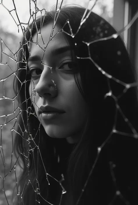 Reflection in a Broken Window**: A person’s face blurred in the shattered reflection of a window, capturing a sense of broken identity.


Black and white