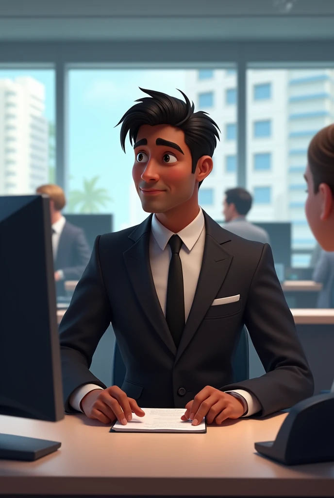 Fait un personnage pixar : il a 30 ans , la peau foncée avec un costume noir assis dans un bureau de secrétaire avec un ordinateur et un téléphone en main 