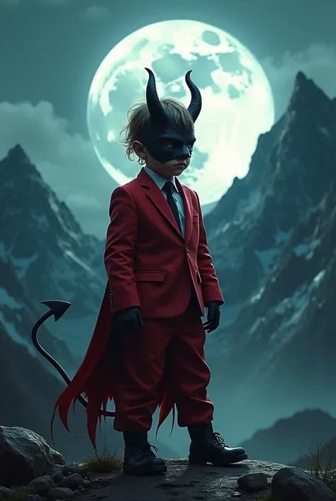 Moon background and a boy stand in devil mask and wear devil suit and background mountain 
