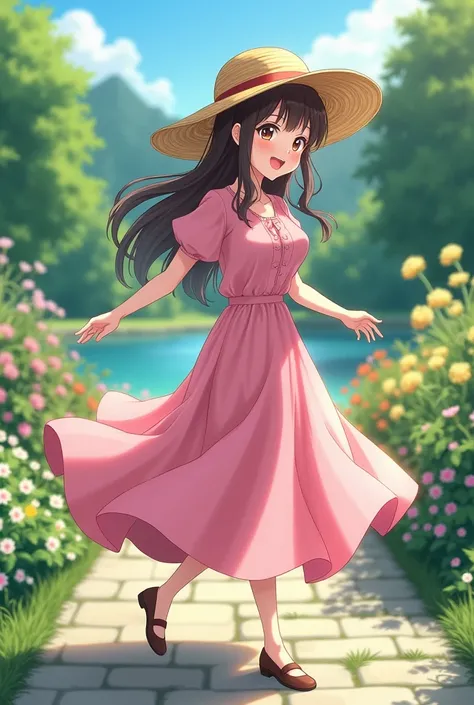 A anime woman dancing in her garden with a big smile on her face wearing pink tea-length dress hut on backwards from a beautiful lake in her front a view is far realistic photo