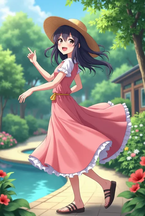 A anime woman dancing in her garden with a big smile on her face wearing pink tea-length dress hut on backwards from a beautiful lake in her front a view is far realistic photo