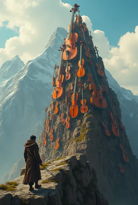 Man with his violin climbing on to the top of a mountain made of various insstruments