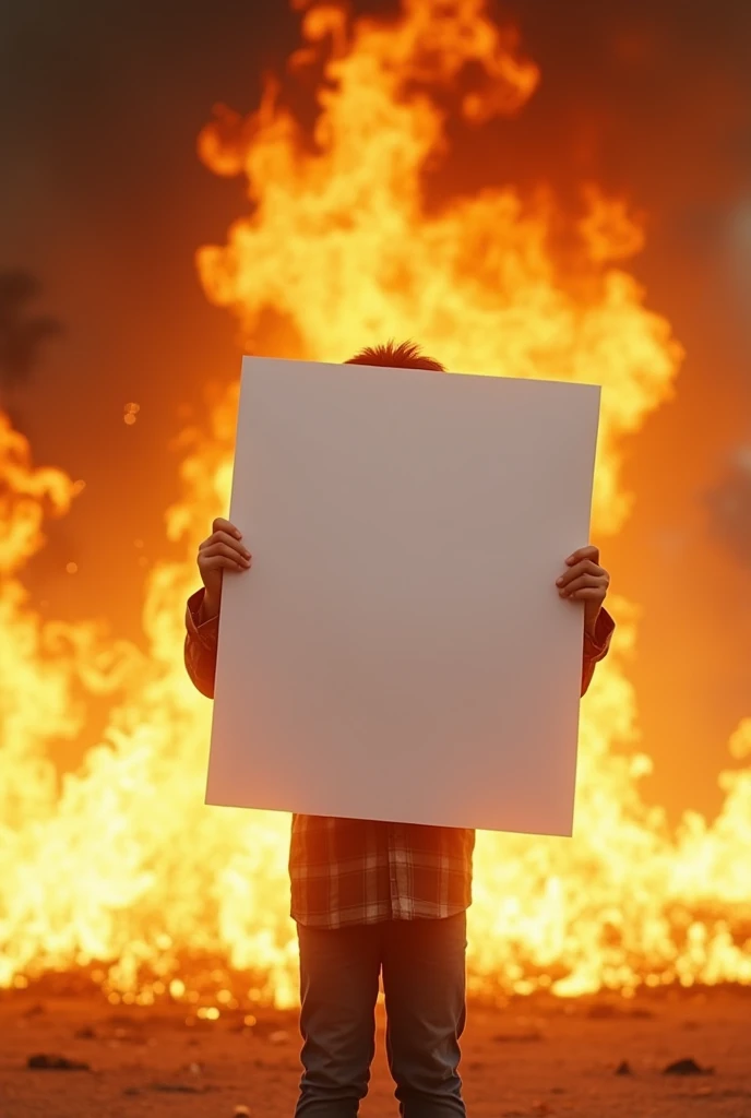 A small Pakistani  holds a huge white poster. And there is fire around the poster. The  is smiling.