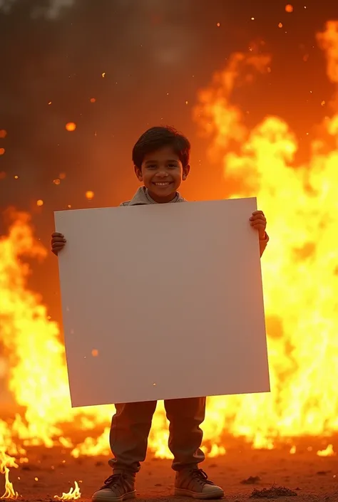 A small Pakistani  holds a huge white poster. And there is fire around the poster. The  is smiling.