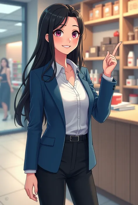 I want a girl in 2D animana who is a saleswoman who is indicating that a new product has arrived dressed in a blue blazer black pants in png the products are from windows that look a little older than 30 years and pointing upwards please black hair over 35...