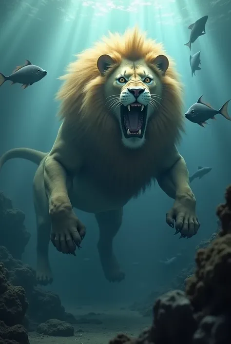  An ultra-realistic fusion between a lion and a shark in an exotic and dramatic marine environment .  The creature combines the head and the mane Majestic lion with the aerodynamic body and fins of a shark .  A The head features the golden and dense mane o...