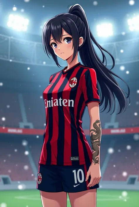  Make me an anime-style player wearing the A . C Milan jersey at the San Siro soccer stadium with snow falling,her right arm with a tattoo of a snake  