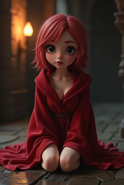 Young sexy girl, cute beautiful girl, cute sexy face, black sparkling big eyes, open mouth, plump red lips, red hair, sexy skinny body, flat skinny stomach, small breasts, big butt, red velvety robe, gothic atmosphere, dungeon, grate, stone floor, warm lam...