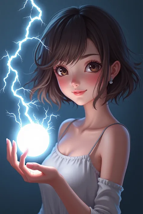  short hair ，Brown Hair， camisole， with a ball of lightning on the left，smile， looking at the camera，Her chest is E cup，High school girl，