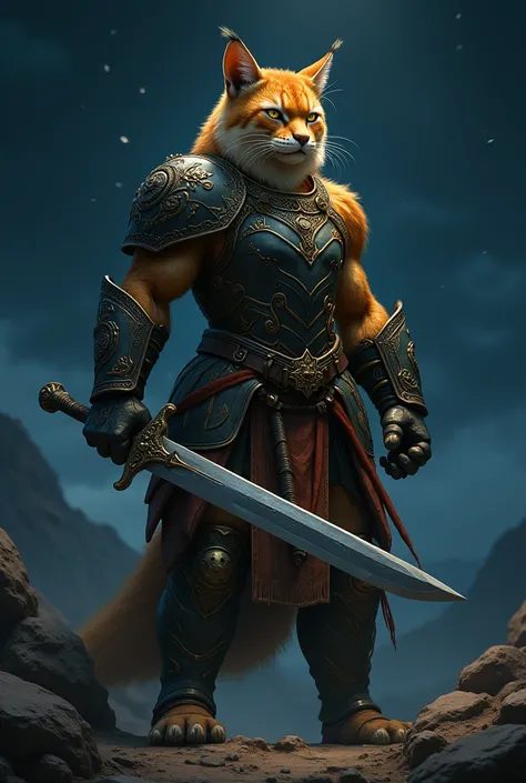 Turkestan sand cat as a muscular warrior with sword and armour protecting uzbekistan  at night tall warrior