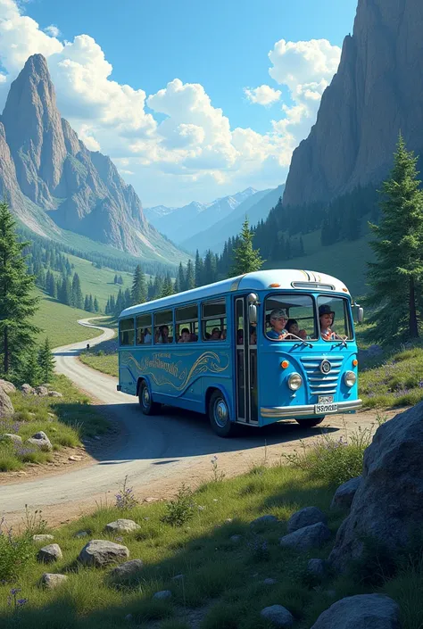 Create a blue bus written trip one ovyo within a natinal park