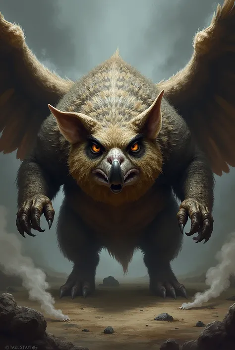 Create a fusion of a pig and an owl, merging their traits, becoming a single ferocious creature, hold the scene  