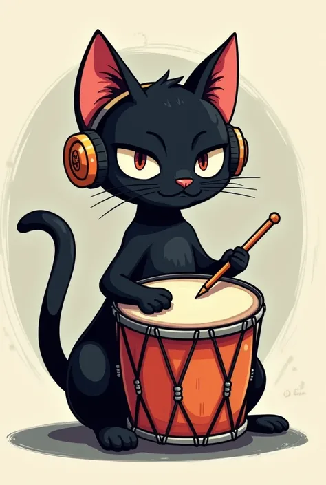 black cat with drum and headphone