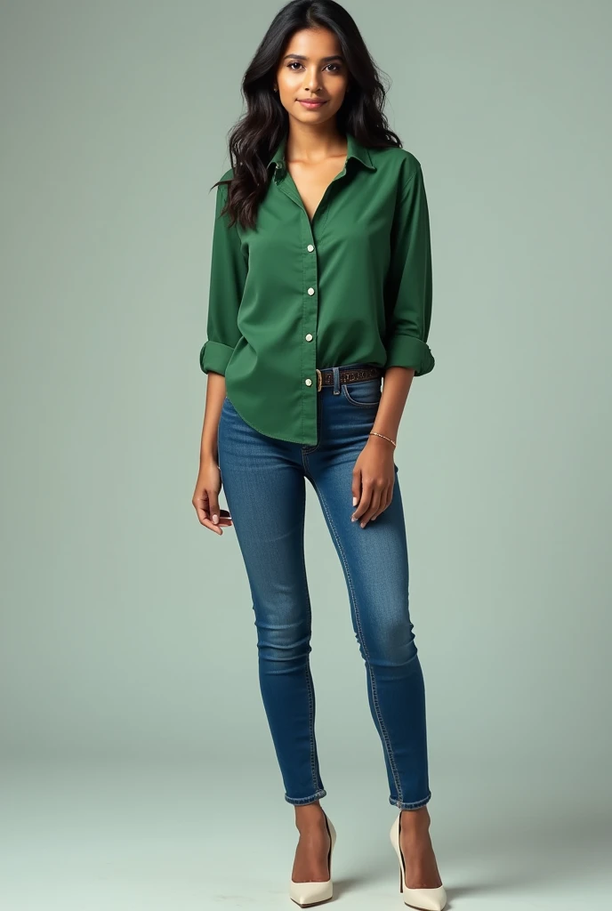 Real image of Indian Bhabhi in round face small nose white high heels green shirt blue jeans