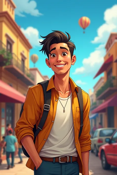 It generates an image of a man in Mexican anime of medium build with an enchanting smile, regular eyes, a light brown complexion in the background, the city of Tabasco, Mexico.