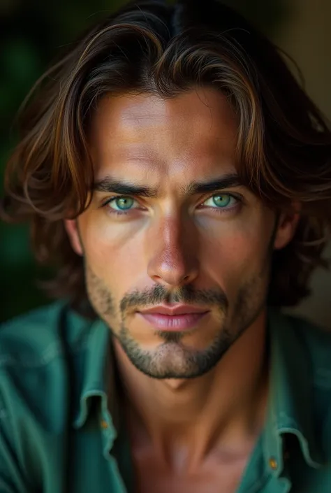 Sexy man with mahogany-colored hair , wavy.  His face has a strong jaw ,  full lips and emerald green eyes. her skin is white,  She has wide . 