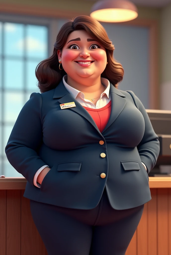 Create a 3D portrait of a smiling Pixar female character who is overweight, she is an attendant , She wears a dark blue suit, business woman,  Digital Art , With background
