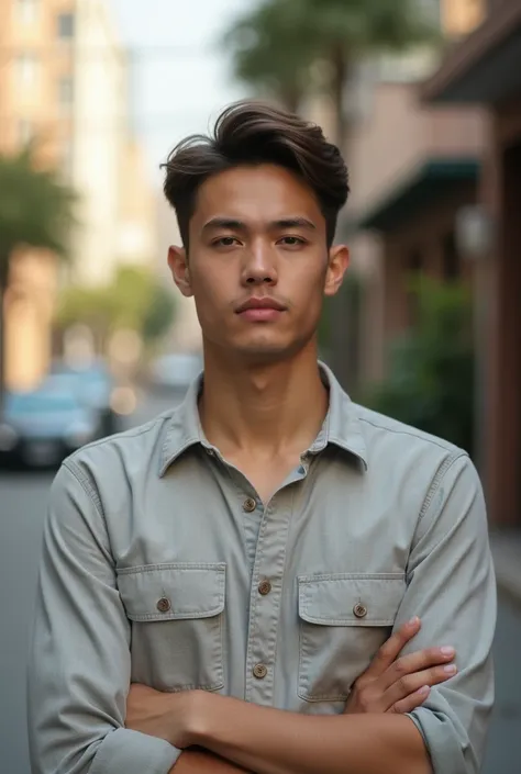 
"A 21-year-old young man, standing confidently with a neutral expression. He has a clean, modern appearance, with short, slightly tousled hair and casual, trendy clothing. The background is softly blurred, with a minimal urban setting, allowing the focus ...