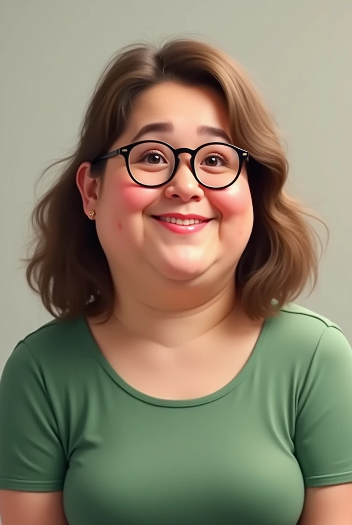  Woman with brown eyes and hair . wear glasses,  pink mouth with a mark on her cheek on the left. Straight hair below the shoulder .  Wears a green short-sleeved blouse . Chubby woman and round face.