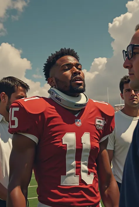 American football player without a helmet and wearing a neck collar simulating neck pain 