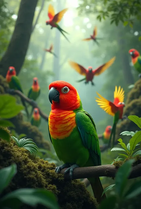 We want a picture of a Northeastern parrot with a Northeastern background that evokes a forest with a red-headed parrot with only the red head old I have a green body ,  do something more lively, more tropical but realistic in the style of bigger parrot, m...