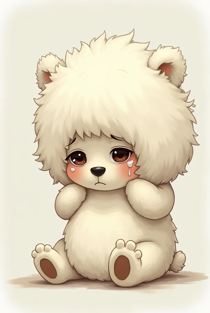 Create me an image of Winnie the white Pooh with lots of big hair sitting sad with lots of tears in her eyes and cheeks