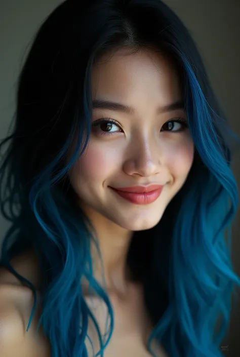 Une jeune femme sexy, petite et mince, cheveux noirs, yeux noirs, mèche de cheveux bleue à lavant du front, petit nez, bouche pincée rose et grand sourire.
Style photographique 