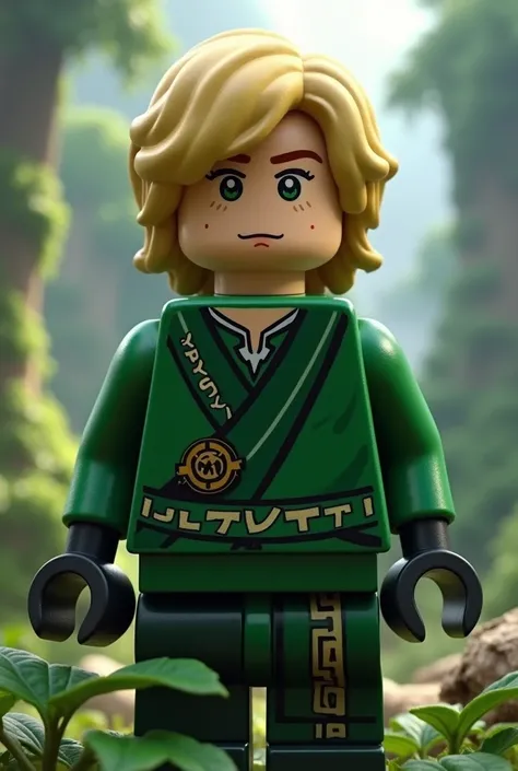 Un beau garçon aux yeux verts et au cheveux blond en tenue de ninja vert. Lloyd Garmadon dans ninja go. Réaliste et beau. Aesthetic. 