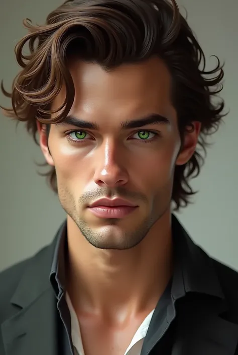 Sexy man with mahogany-colored hair , wavy.  His face has a strong jaw ,  full lips and emerald green eyes. her skin is white,  She has wide .  He has no beard and is white. who does not have a beard. Without Beard