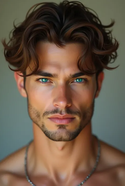 Sexy man with mahogany-colored hair , wavy.  His face has a strong jaw ,  full lips and emerald green eyes. her skin is white,  She has wide .  He has no beard and is white. who does not have a beard. Without Beard