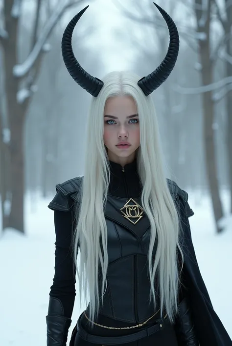 top quality,detailed,1 beautiful 25-year-old girl,slender, warrior,winter(white long hair,straight neck),(black horns),(perfect anatomy),(Seriously)