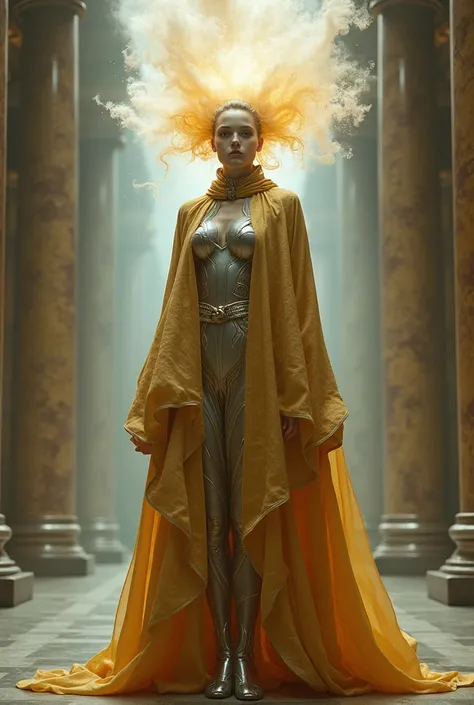 An enigmatic cyborg woman dressed in gold and silver robes, standing in a temple-like setting. Subtle cybernetic enhancements glow softly under her skin. Above her eyes, a swirling cloud of white and golden mist floats, evoking an aura of divinity and tech...