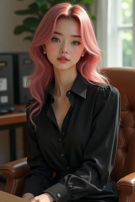 Twenty-four year old woman, soft light white skin ,  shiny round grayish green eyes , thin full lips,  small button nose ,  profiled bushy eyebrows ,  soft pink hair loose waves long .  With a formal black blouse with buttons up to the legs,  with a black ...